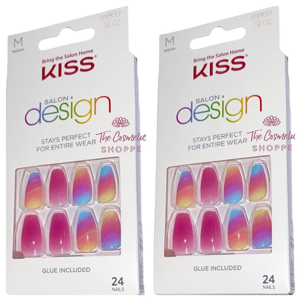 Kiss Salon Design Medium Length Shiny Coffin Rainbow Pastel Nails Set of 2!